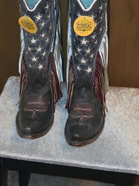 Ladies Navy Blue Lamb Star Inlay And Fringe Boots
